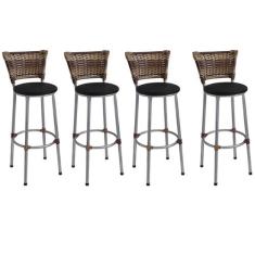 Kit 4 Banquetas Altas Prata com Encosto Junco Capuccino Assento Preto 