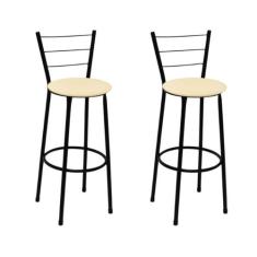 Kit 2 Banquetas Altas Preta com Encosto Assento Bege - Fortmix