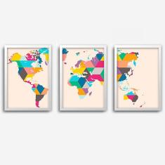 Quadros de Mapas Com moldura branca Conjunto com 3
