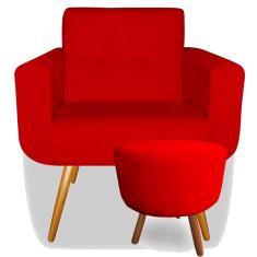 Kit Poltrona Decorativa Anitta com Puff Redondo Pés Madeira Suede Vermelho