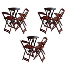 Kit 3 Conjuntos De Mesa Bistrô Dobraveis Em Madeira Padrão Com 3 Banquetas Altas - Imbuia - Marrom