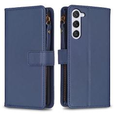 Capa com alça de pulso para Samsung Galaxy S23, 9 compartimentos para cartão, 1 carteira de couro com zíper, função de suporte, fecho magnético, capa para celular compatível com Samsung Galaxy S23 5G