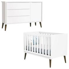 Berço Americano e Cômoda com Porta Infantil Theo Branco Acetinado com 