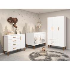 Quarto de Bebê Completo com Guarda Roupa 3 Portas 2 Gavetas, Cômoda 4 