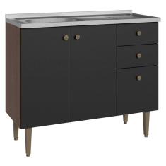 Balcão Gabinete com Pia 3 Portas e 1 Gaveta 105cm Rustic/Preto Gourmet Madesa