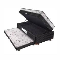 Cama Box Baú Solteiro Conjugado de Molas com Cama Auxiliar Bicama 3 em 1 - Matelassê Preto