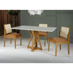 Mesa Nubia 4 Lugares Retangular 1,4x0,90 - Madeira Freijó Maciça E Tampo De Vidro Off-white Colado - Treo Made