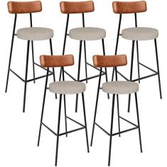 Kit 05 Banquetas Alta Bar Cozinha Sala De Jantar Milão L02 Couríssimo Camel Linho Bege - Lyam Decor