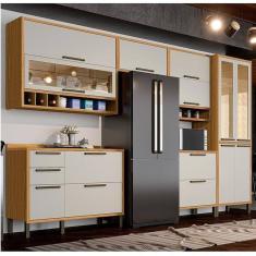 Cozinha Modulada Completa 6 Peças 12 Portas e Vidro Reflecta 354cm 100% Mdf Vicenza Espresso Móveis Amêndoa/Off White