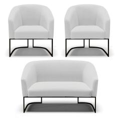 Sofá Namoradeira e 2 Poltronas Base Industrial Preto Stella Linho D03 - D`Rossi