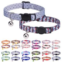 DILLYBUD Coleiras de gato para meninas, meninos e gatos, coleira de gatinho personalizada com vários padrões, pacote com 2, fivelas e sinos de segurança clássicos, ajustável, estampado, de nylon colorido rosa