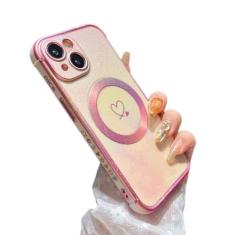 ZTOFERA Capa magnética para iPhone 14 de 6,1 polegadas, linda capa iridescente luxuosa com padrão de corações de amor, borda chapeada, proteção de lente de câmera, capa de telefone à prova de choque