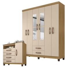 Guarda Roupa Casal Modena com Espelho 6 Portas e Cômoda Sapateira Cann