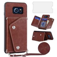 Asuwish Capa de telefone para Samsung Galaxy S6 capa carteira com protetor de tela de vidro temperado e suporte para cartão de crédito alça transversal acessórios de celular de couro S 6 6s GS6