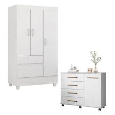 Cômoda Flora e Guarda Roupa Solteiro Wind Branco Flex - Demóbile