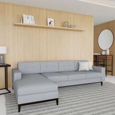 Sofá 4 Lugares Life com Chaise Esquerdo Pés e Base em Madeira Linho Cotton Cinza