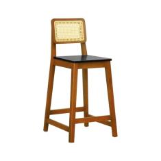 Banqueta Gabi Madeira Maciça Encosto Telinha c/ 68cm Altura - Amêndoa - Assento Preto Madeira