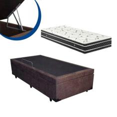 Cama Box Baú Solteiro Colchão Espuma D45 Bordado + Box Suede Marrom 61x88x188