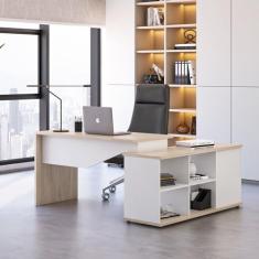 Mesa para Escritório Diretor em L 3 Gavetas Rolig Branco/Carvalho Berlin