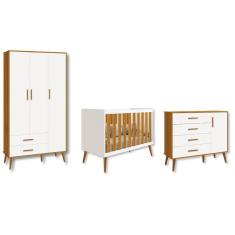 Quarto de Bebê Berço + Cômoda + Guarda Roupa Isis Branco Fosco com Amadeirado