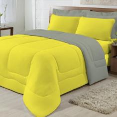 Edredom Solteiro Dupla Face Malha 100% Algodão 1 peça - Amarelo/Cinza 