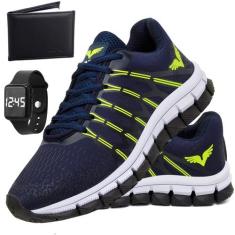Tênis Corrida Masculino Sapato Relogio e Carteira Caminhada - GP, Azul