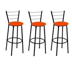 Kit 3 Banquetas Altas Preta com Encosto Assento Laranja