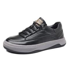 Tênis masculino de couro genuíno respirável com sola macia – Sapatos esportivos casuais de cano baixo e sola grossa, Preto, 39