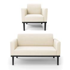 Sofá Namoradeira Com Poltrona Base De Madeira Fixa Preto Marisa Veludo Bege D03 - D`Rossi