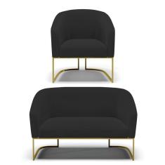 Sofá Namoradeira E Poltrona Base Industrial Dourado Stella Veludo Preto D03 - D`rossi