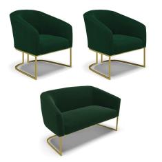 Namoradeira E 2 Poltronas Industrial Dourado Stella Bouclê Verde D03 - D`rossi