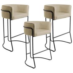 Kit 03 Banquetas Fixa Preto Linho Bege