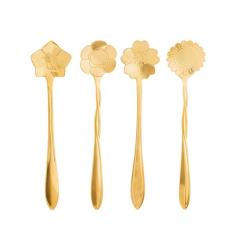 Conjunto 4 Colheres Chá Flores Aço Inox Dourado
