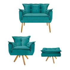 Namoradeira, Poltrona e Puff Opala Suede Azul Turquesa