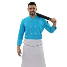 Kit Chef Dólmã Azul Caribe Unissex Avental De Cintura Branco - Wp Conf