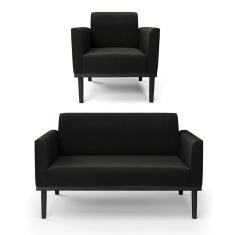 Sofá Namoradeira com Poltrona Base de Madeira Fixa Preto Marisa Suede Preto - D`Rossi