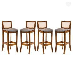 Kit 4 Banquetas Alta com Encosto em Rattan Portugal Estofado Linho Cinza L55 RMI