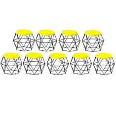 Kit 09 Puff Banqueta Aramado Mila Base Preta Hexágono Suede Amarelo - 