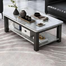 Mesa de coquetel retangular de vidro com 4 pernas com prateleira de armazenamento, mesa de café, sala de estar, mesa de chá, mesa de escritório, apartamento, mesa de vidro temperado, branca com tampo