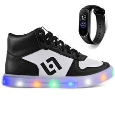 Tenis Infantil De Led Meninos Botinha Cano Alto Escolar Casual Basico + Relogio-Masculino