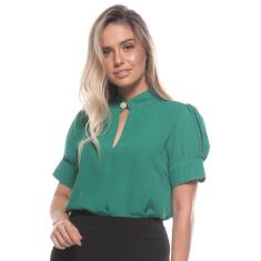 Blusa Feminina Romântica Manga Bufante Gola Alta com Pérola