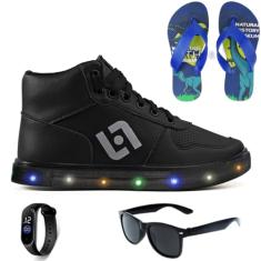 Tenis Infantil De Led Meninos Botinha Cano Alto Escolar Casual Basico + Chinelo Oculos Relogio