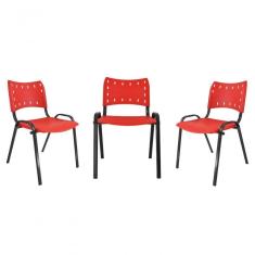 Kit 3 Cadeiras Iso para Escola Escritório Comércio Vermelha Base Preta