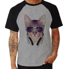 Camiseta Raglan Gato Headphone - Foca na Moda, Cinza, Preto, G