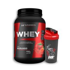 Whey Protein Morango 900G + Coqueteleira - HF Suplements