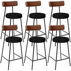 Kit 06 Banquetas Baixa Cozinha Sala De Jantar Milão L02 Couríssimo Marrom Linho Chumbo - Lyam Decor