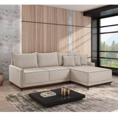 Sofá Linho 3 Lugares 264cm com Chaise Lado Direito e Kit Usb Barra Cru