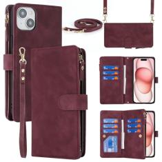 Cavor Capa Carteira Feminina para iPhone 15 Plus, Capa Transversal com Cordão, Fecho Magnético de Couro, Bolso com Zíper, Suporte para Cartão, À Prova de Poeira e Arranhões