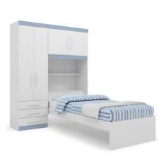 Conjunto Roupeiro Guarda Roupa de Solteiro Com Cama Cabeceira com Baú 