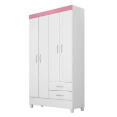 Guarda Roupa Solteiro Astro 4 Portas E 2 Gavetas  Branco Rosa - Demóbile Branco Rosa